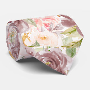 Cravate Fleurs aquarelle Roses roses poudrées blush rose