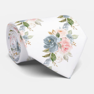 Cravate Fleurs aquarelle Roses roses saumon bleu ardoise