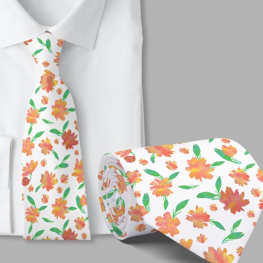Cravate Fleurs aquarelles vertes orange modernes