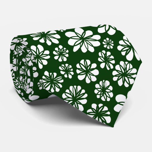 Cravate Fleurs - Blanc sur Vert foncé (Roulé)