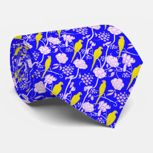 CRAVATE FLEURS BLANCHES BLEUES ART DÉCO AVEC PARROTS JAUNE
