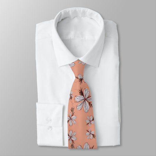 CRAVATE FLEURS BLANCHES, COULEUR PEACH (Attaché)