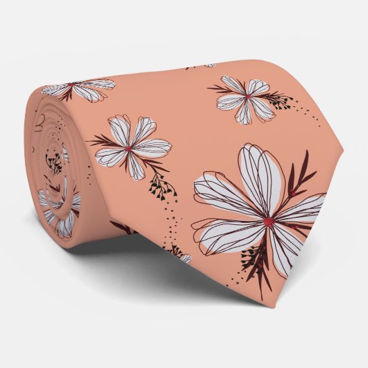 CRAVATE FLEURS BLANCHES, COULEUR PEACH (Roulé)