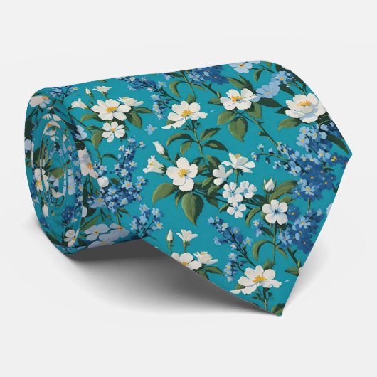 Cravate Fleurs blanches et bleu Oubliez-moi les noeuds (Roulé)