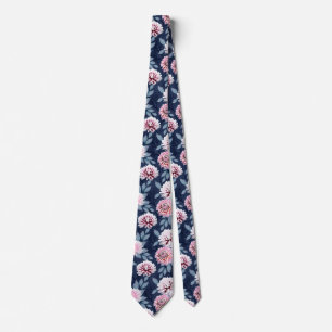 Cravate Fleurs blanches et roses sur bleu foncé.