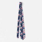 Cravate Fleurs blanches et roses sur bleu foncé. (Dos)
