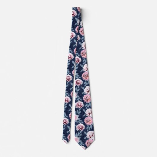 Cravate Fleurs blanches et roses sur bleu foncé. (Dos)