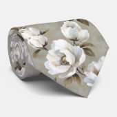 Cravate Fleurs blanches sur fond gris (Roulé)