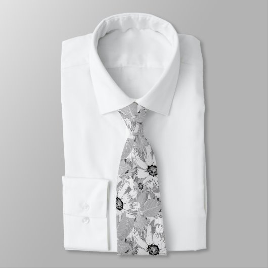 Cravate Fleurs blanches sur gris clair. (Attaché)