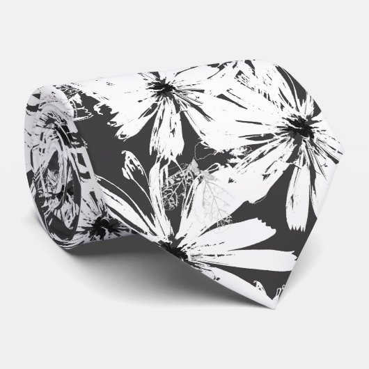 Cravate Fleurs blanches sur gris foncé (Roulé)