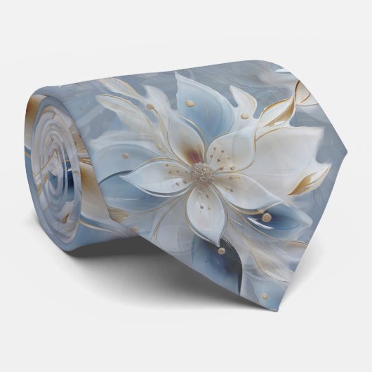 Cravate Fleurs bleues, blanches et dorées sur soie (Roulé)