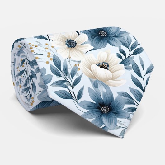 Cravate Fleurs bleues et beiges (Roulé)