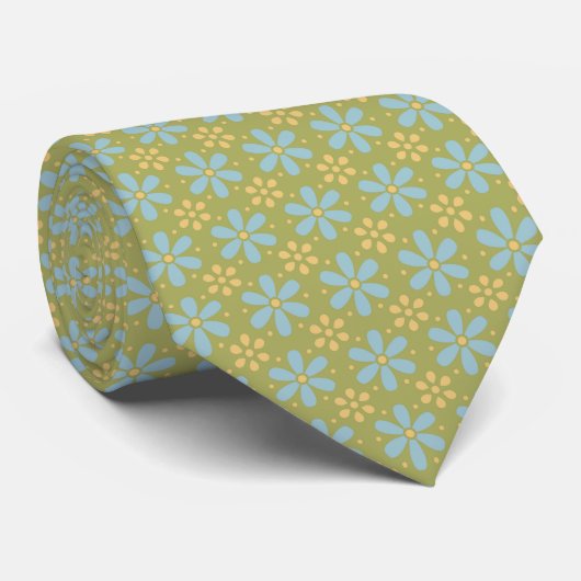 Cravate Fleurs bleues et jaunes Abstraites rétro sur vert (Roulé)