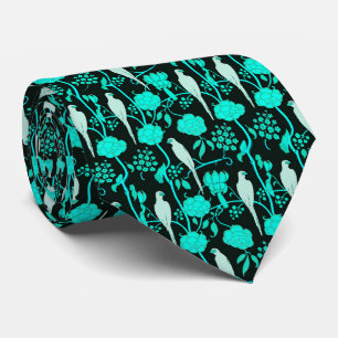 CRAVATE FLEURS BLEUES TURQUOISES ART DÉCO, PARROTS BLANCS 