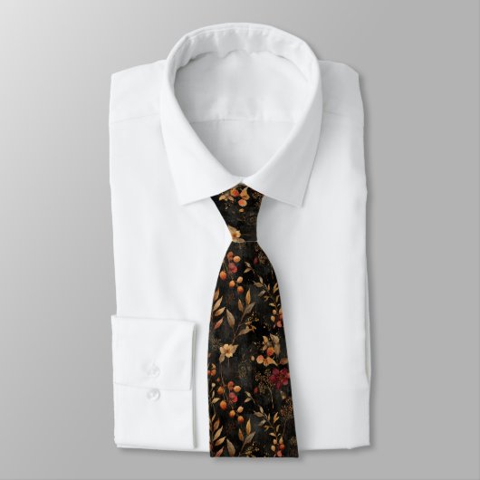 Cravate Fleurs botaniques automne jaune orange noir (Attaché)