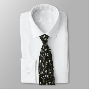Cravate Fleurs botaniques modernes vert et noir