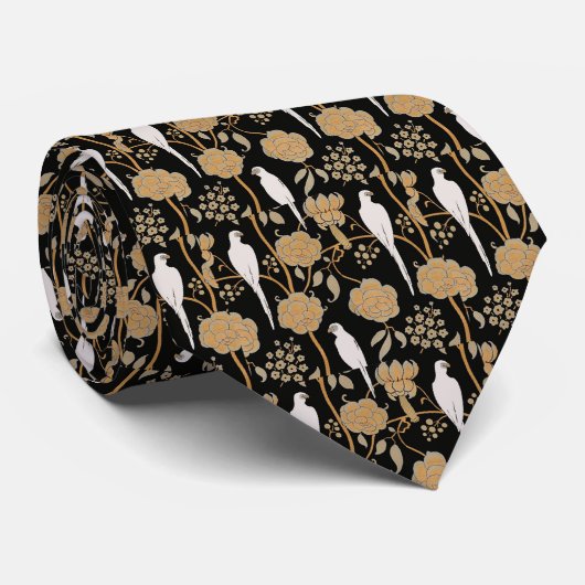 CRAVATE FLEURS BROWN ART DÉCO, PIROTS BLANCS SUR NOIR (Roulé)