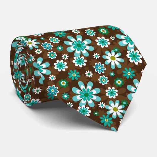 Cravate Fleurs Brown et bleues Retro (Roulé)