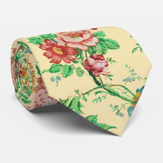 Cravate FLEURS COLORÉES ET MOTIFS FLORAUX FEUILLE Ivoire (Roulé)