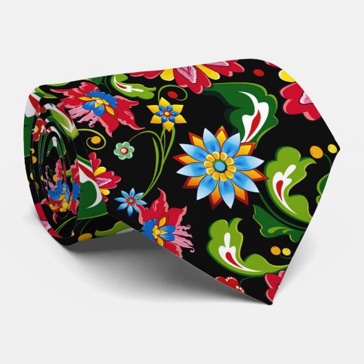 Cravate Fleurs colorées rétro Motif sur noir (Roulé)