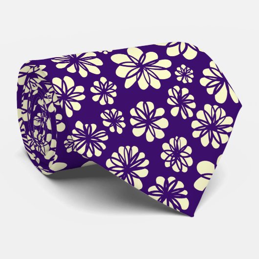 Cravate Fleurs - Crème sur violet profond (Roulé)