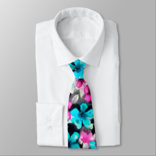 Cravate Fleurs d'aquarelle bleu rose blanc