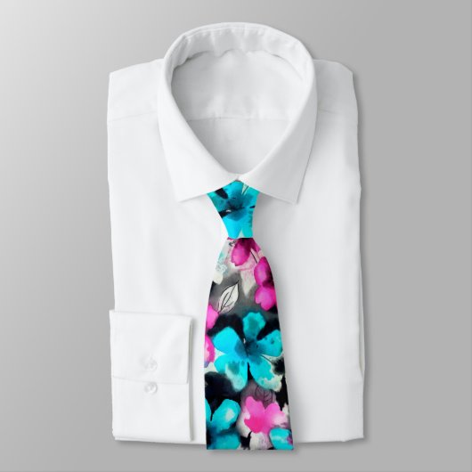Cravate Fleurs d'aquarelle bleu rose blanc (Attaché)