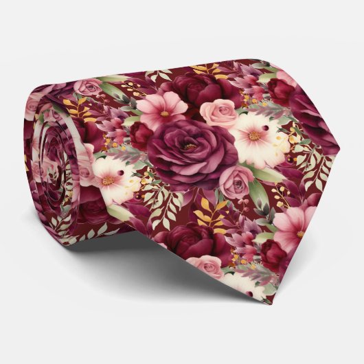 Cravate Fleurs d'aquarelle Boho de vin Bourgogne (Roulé)