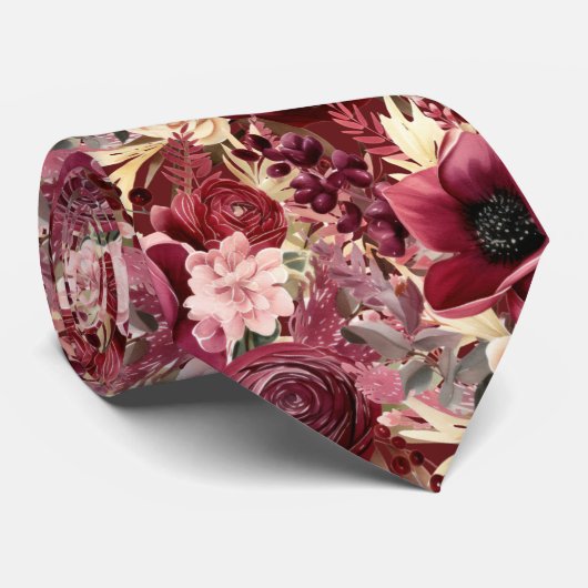 Cravate Fleurs d'aquarelle Boho de vin Bourgogne (Roulé)