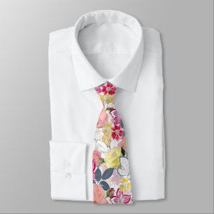 Cravate Fleurs d'aquarelle rose et rouge.