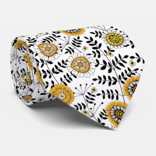 Cravate Fleurs de gribouillis et feuilles en jaune et noir