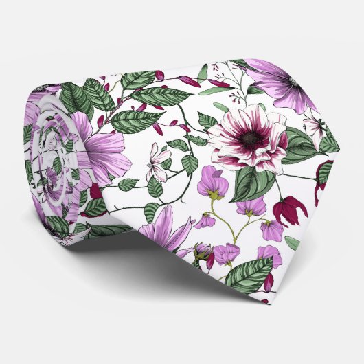 Cravate Fleurs de lavande avec motif feuille vert (Roulé)