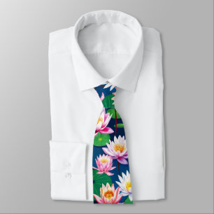 Cravate Fleurs de lotus blanc rose et feuilles vertes de n