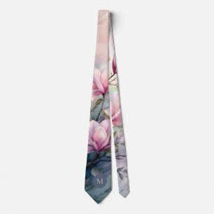 Cravate Fleurs de magnolia rose botanique monogrammé