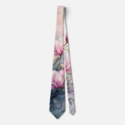 Cravate Fleurs de magnolia rose botanique monogrammé (Devant)