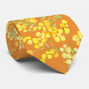Cravate Fleurs de mimosa jaune sur orange