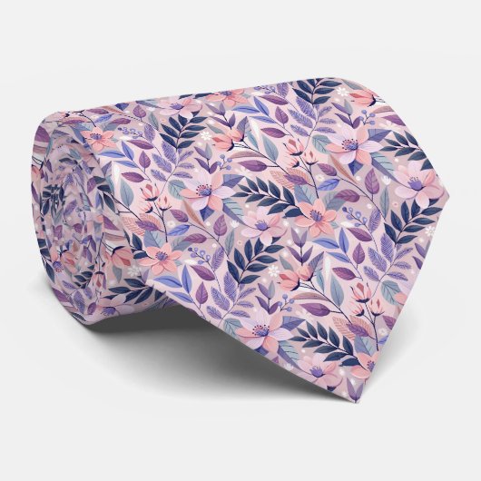 Cravate Fleurs de motif floral rose pêche marine (Roulé)