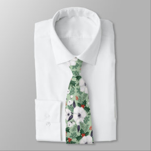 Cravate Fleurs de Noël blanches et motif de baies rouges