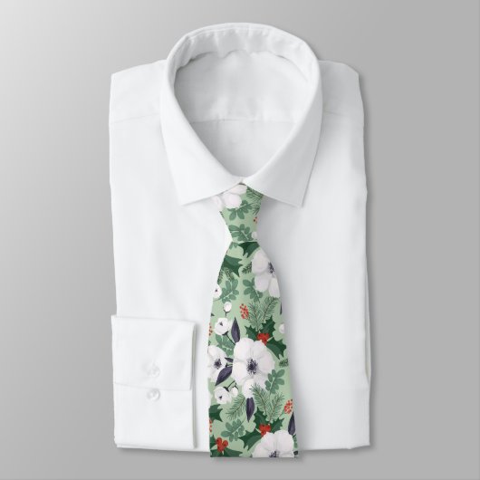 Cravate Fleurs de Noël blanches et motif de baies rouges (Attaché)