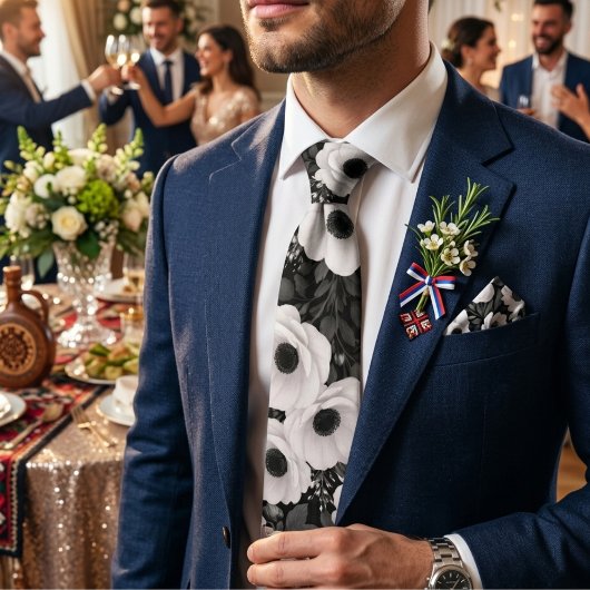 Cravate Fleurs de pavot noir et blanc