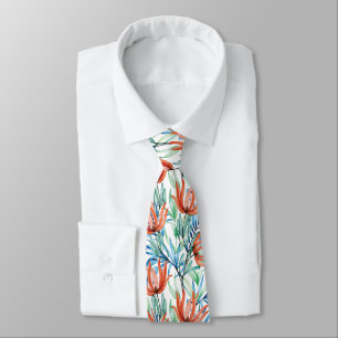 Cravate Fleurs de Protea et palmier feuille motif tropical