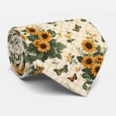 Cravate Fleurs de soleil et papillons sur Jaune clair (Roulé)