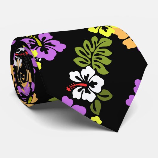 Cravate Fleurs d'Hibiscus colorées en noir (Roulé)