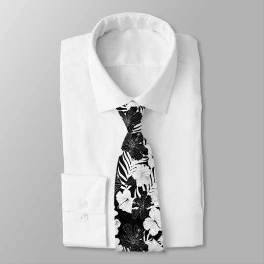 Cravate Fleurs d'Hibiscus Mariage hawaïen noir blanc (Attaché)