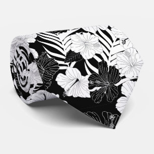 Cravate Fleurs d'Hibiscus Mariage hawaïen noir blanc
