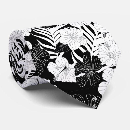 Cravate Fleurs d'Hibiscus Mariage hawaïen noir blanc (Roulé)