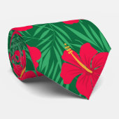 Cravate Fleurs d'Hibiscus rouges sur Motif Feuille tropica (Roulé)