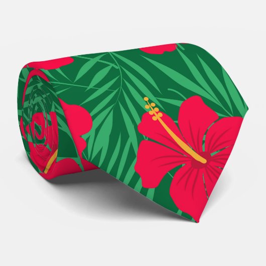 Cravate Fleurs d'Hibiscus rouges sur Motif Feuille tropica (Roulé)