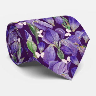 Cravate Fleurs d'Iris violettes et papillons