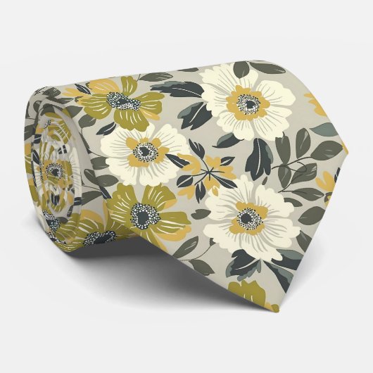 Cravate Fleurs d'olive dans les tons vert et blanc (Roulé)